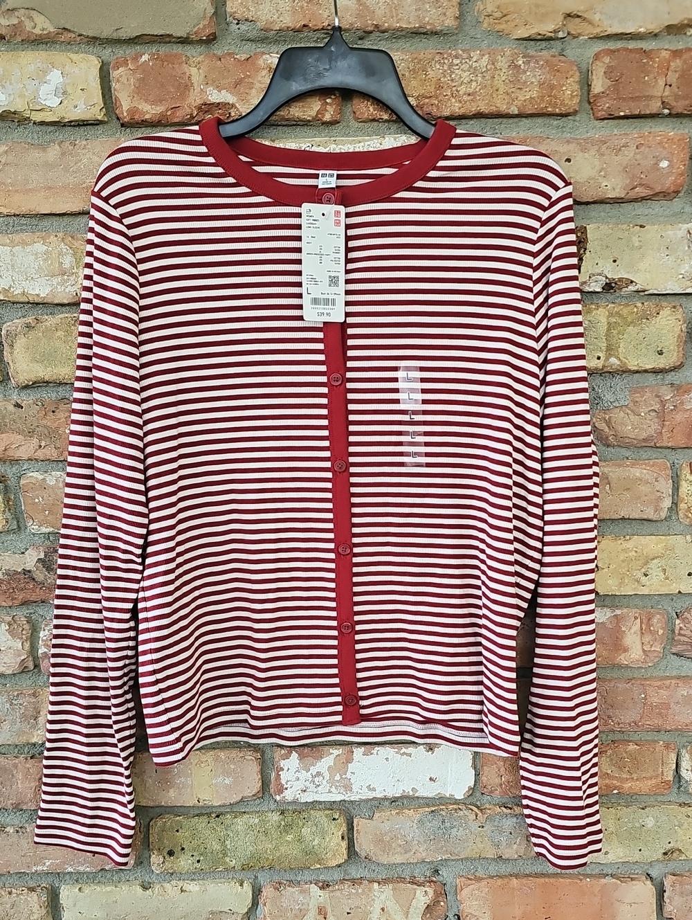 NWT Uniqlo Red And White Striped Long Sleeved Ribbed Cardigan
